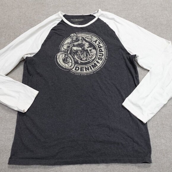 Denim & Supply Mens T-shirt Large Gray Raglan Baseball Skeleton Motorcycle - Picture 1 of 6